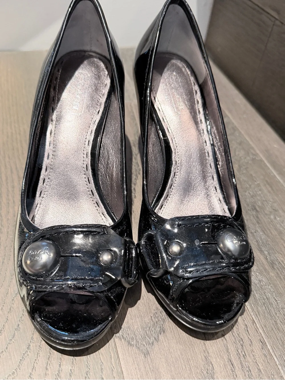 Coach Black Patent Peep-Toe Heels with Logo Button Detail